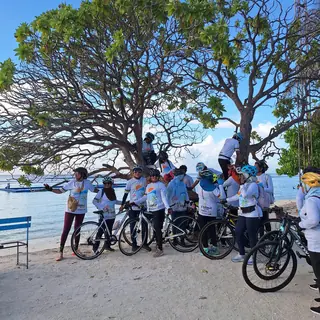 Riders by the sea under a large tree
